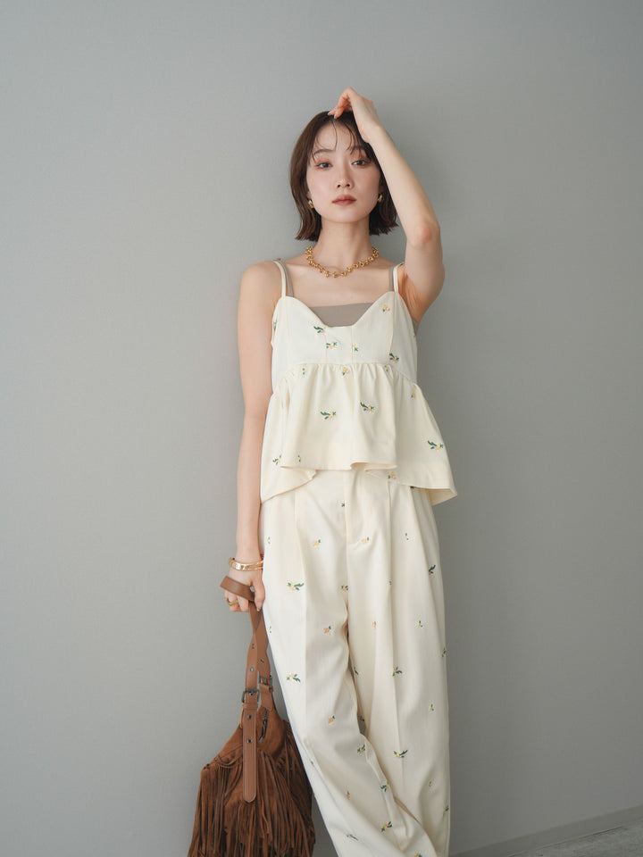 [SET]フラワー刺繍ビスチェ+フラワー刺繍タックパンツ(2set)