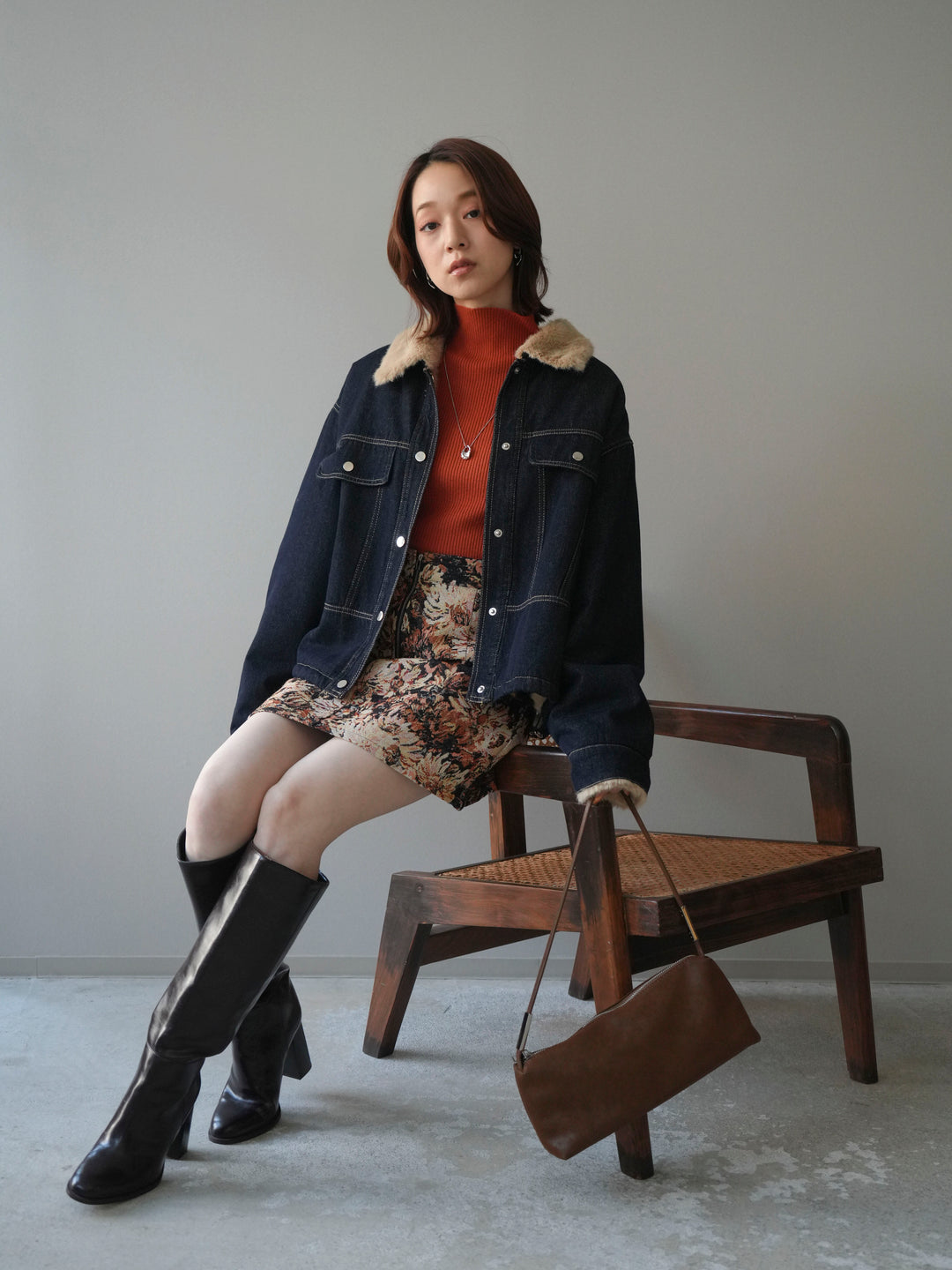 [予約]デニム×ファーステンカラーショートジャケット/indigo