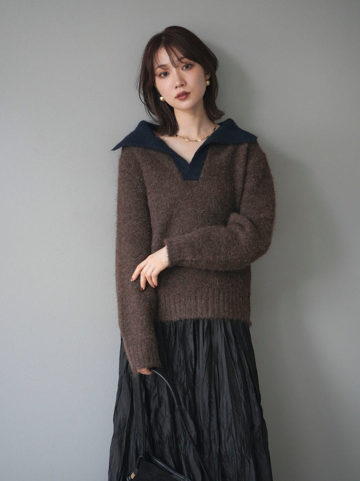 [予約]バイカラー襟付きニットプルオーバー/brown