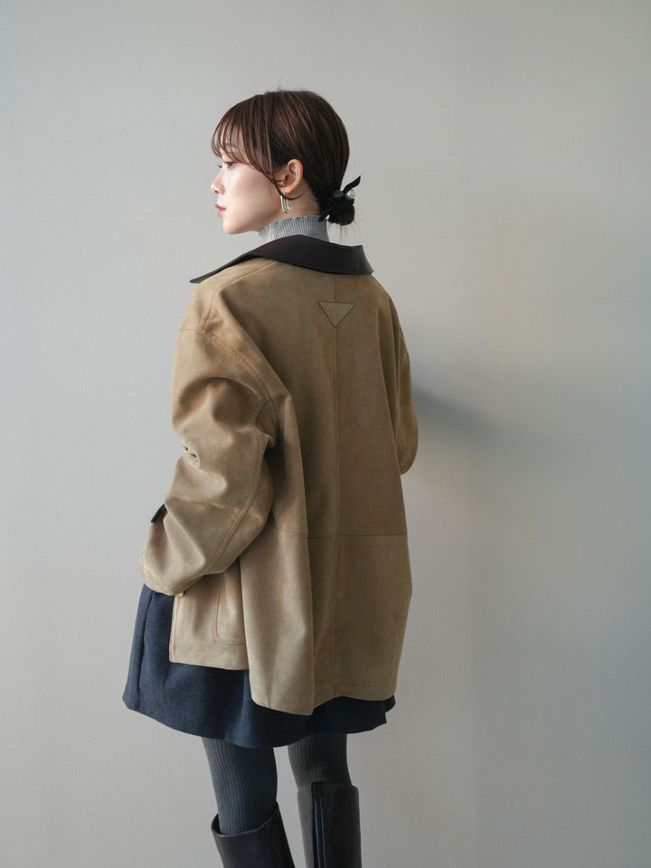 [SET]襟レザーステンカラースエードジャケット+襟レザーステンカラースエードジャケット(2set)