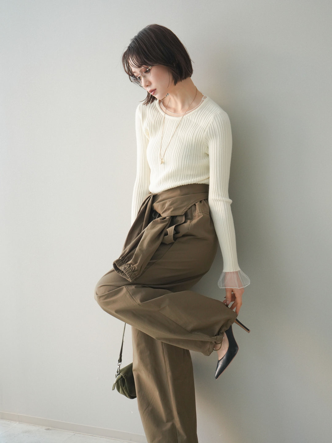 [予約]チュールレイヤードリブニットトップス/ivory