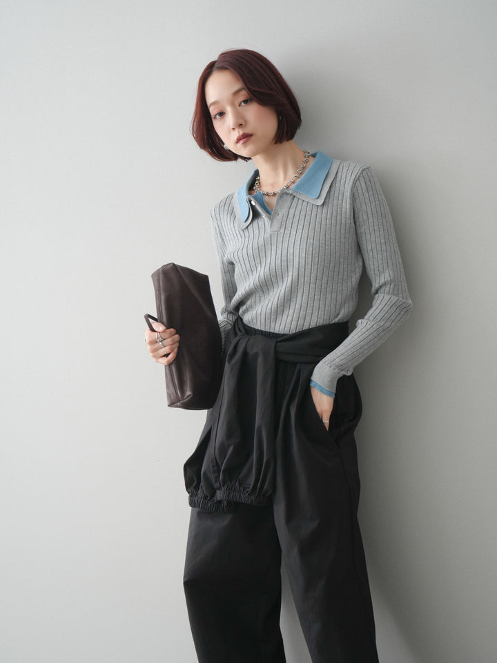 [SET]ダブル襟ポロリブニットトップス+選べるアクセセット(2set)