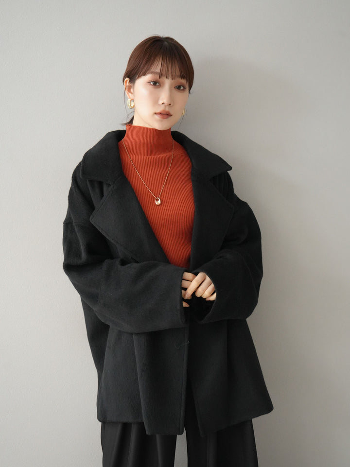 [SET]フェイクビーバーミドルコート+袖ボタンハイネックリブニットトップス+ベルト付ウールタッチワイドパンツL(3set)
