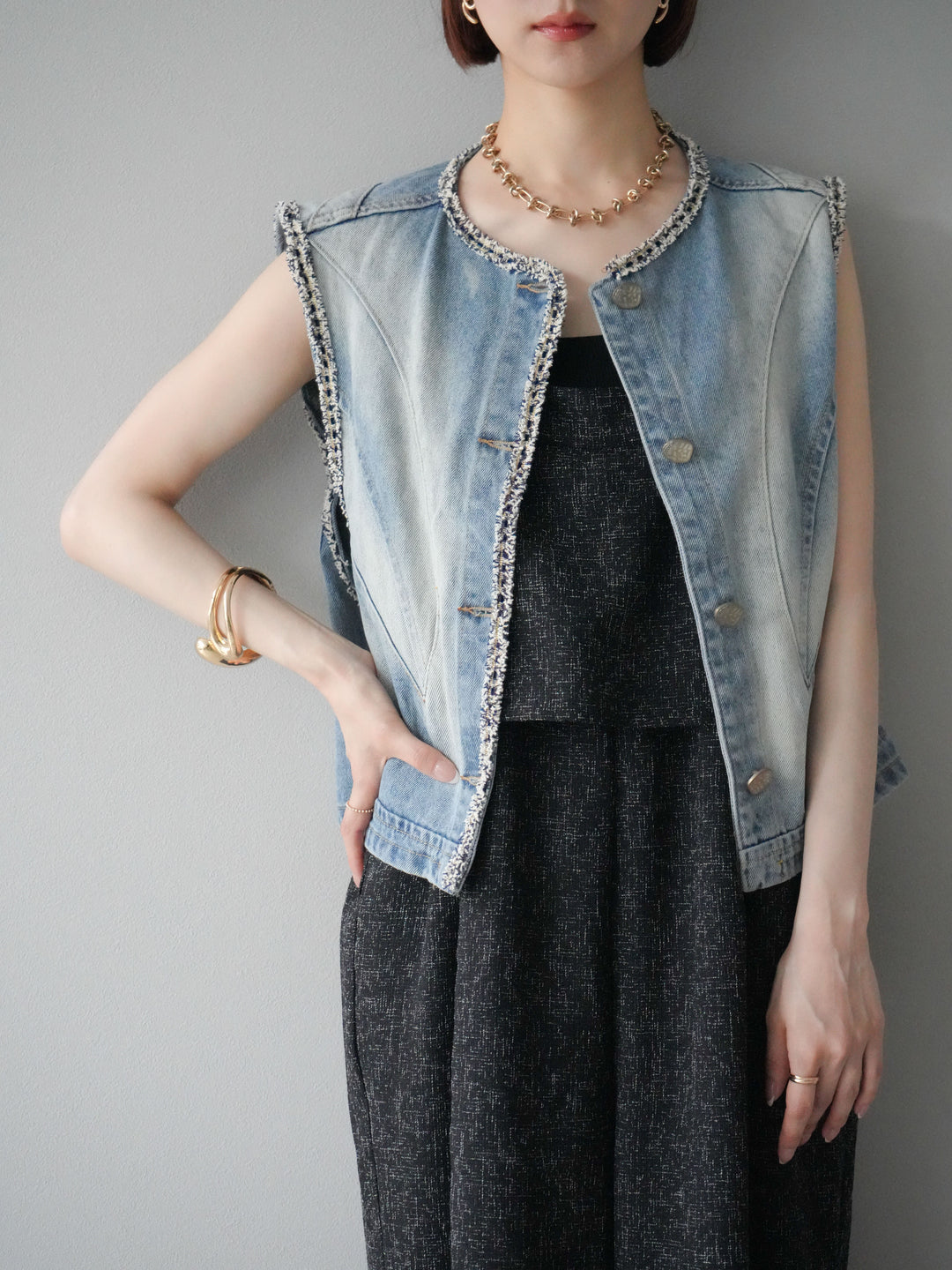 [予約]サマーツイードケープサロペット/ブラック