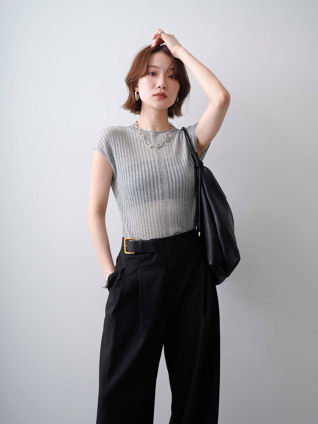 [予約]シアーリブフレンチニットトップス/grey