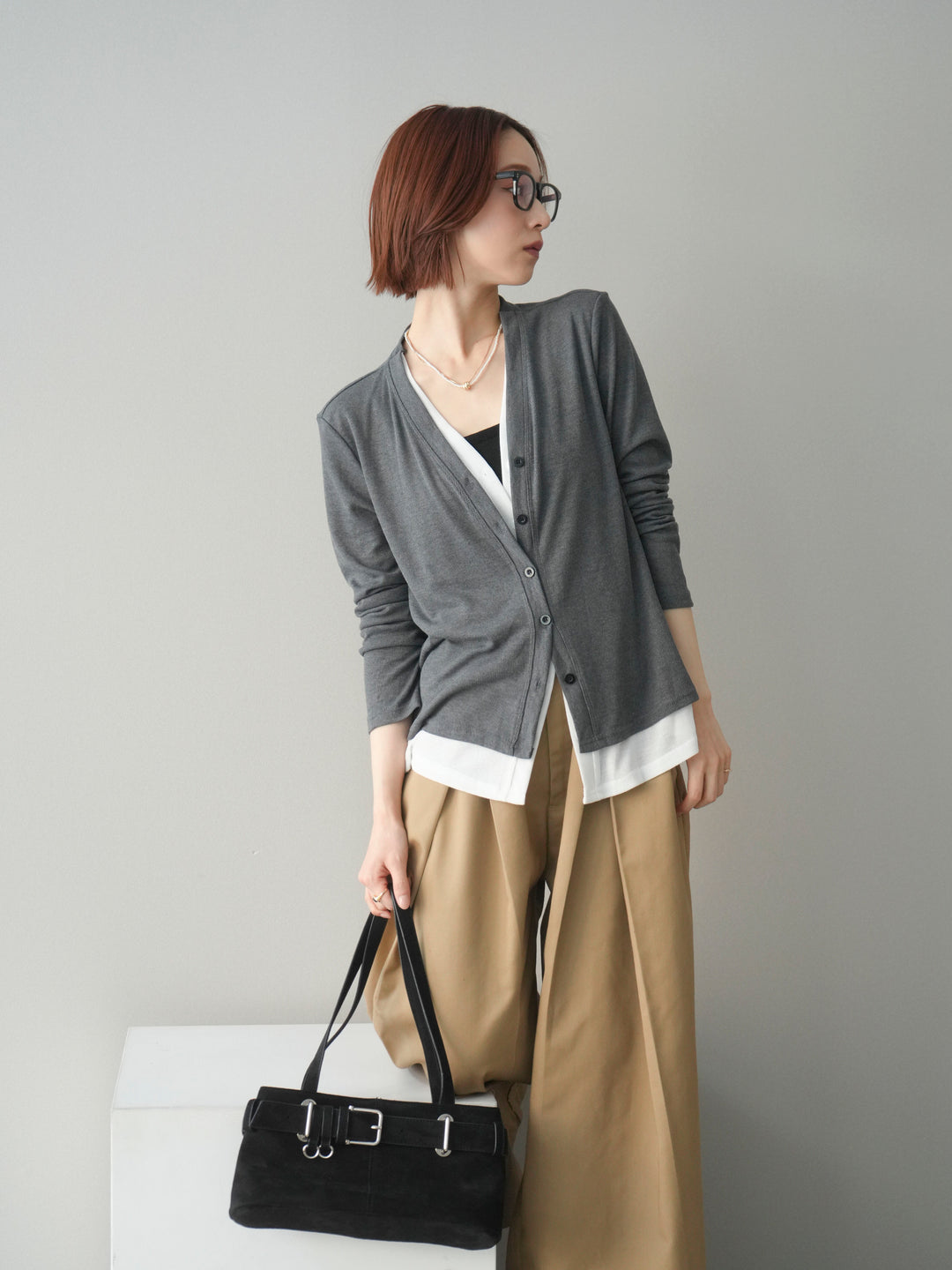 [予約]配色レイヤードカットリブカーディガン/gray