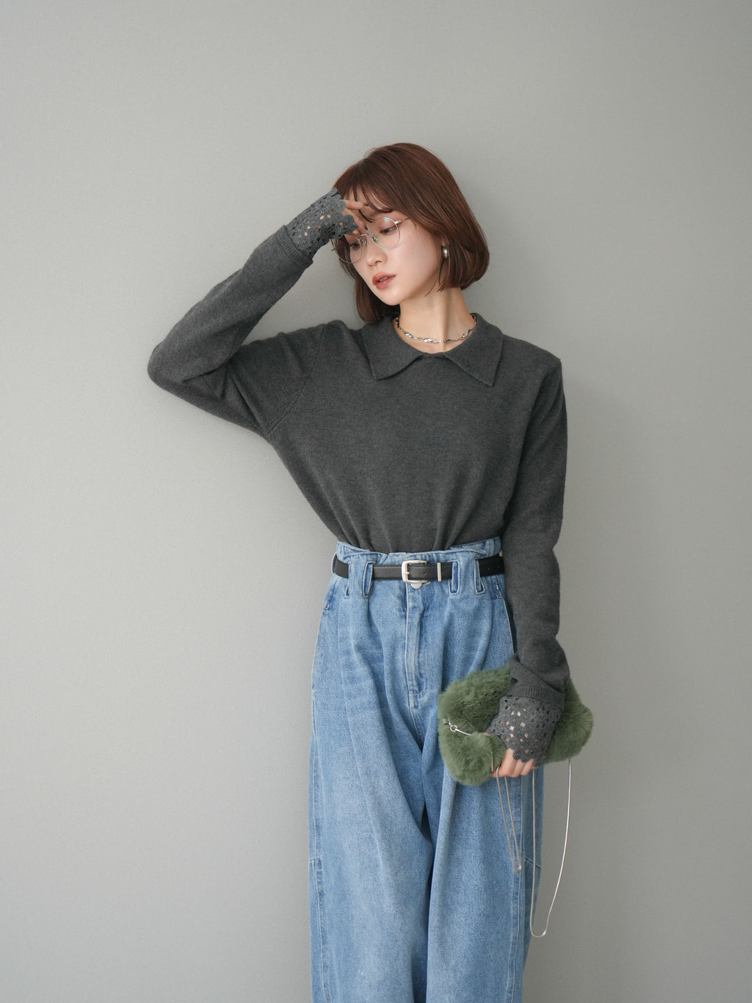 [SET]スカラップレース袖襟付きニットトップス+選べるアクセセット(2set)