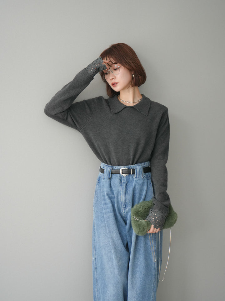 [SET]スカラップレース袖襟付きニットトップス+選べるアクセセット(2set)