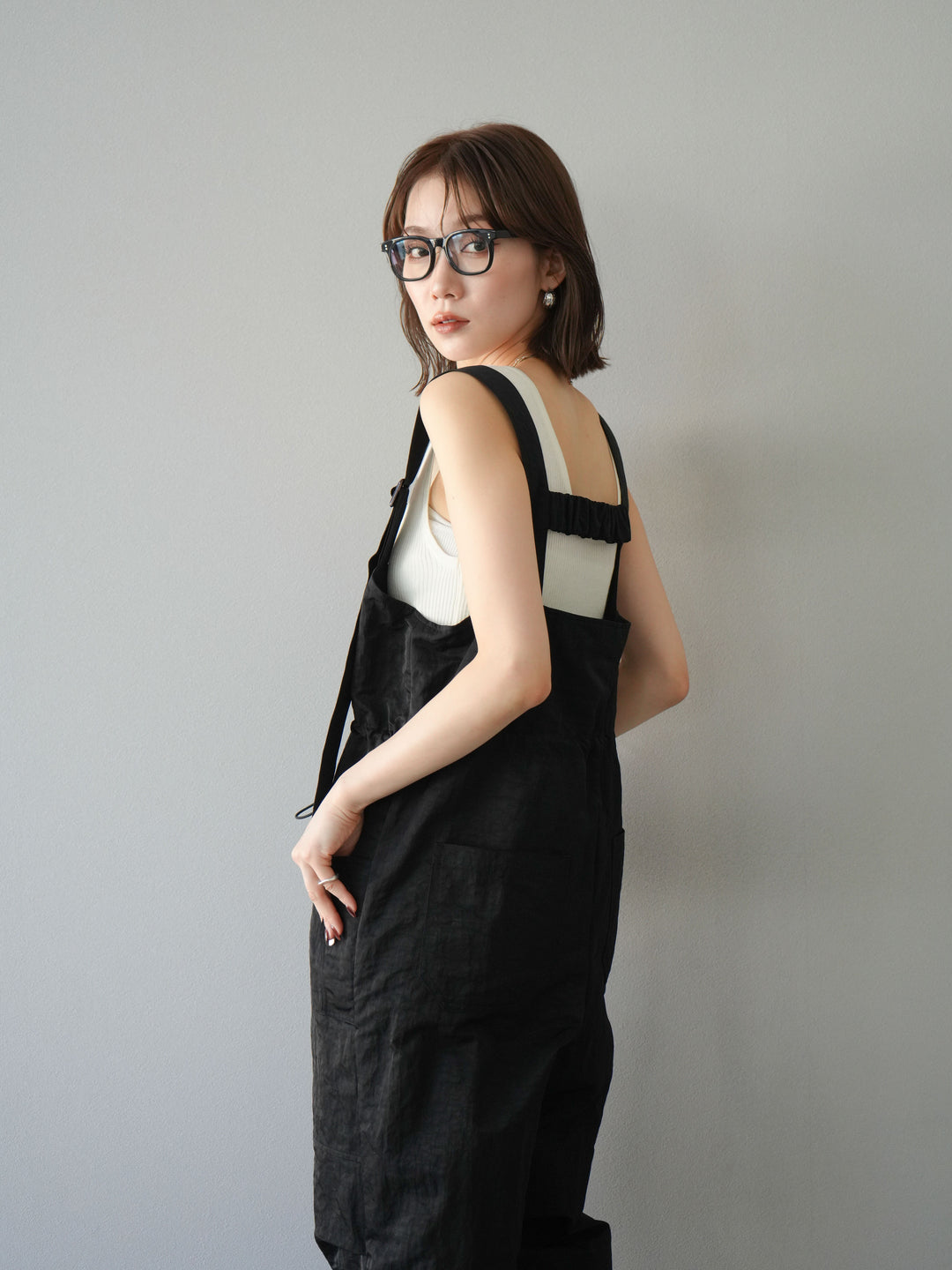 [予約]ナイロンタックデザインサロペット/ブラック