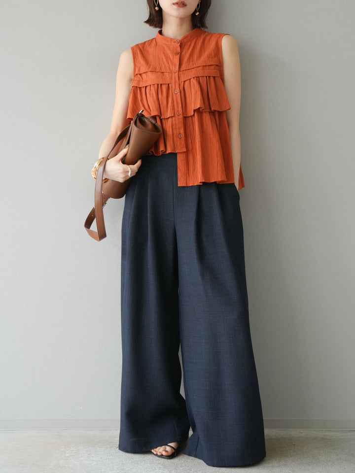 [予約]ドビーストライプアシンメトリーフリルノースリブラウス/テラコッタ