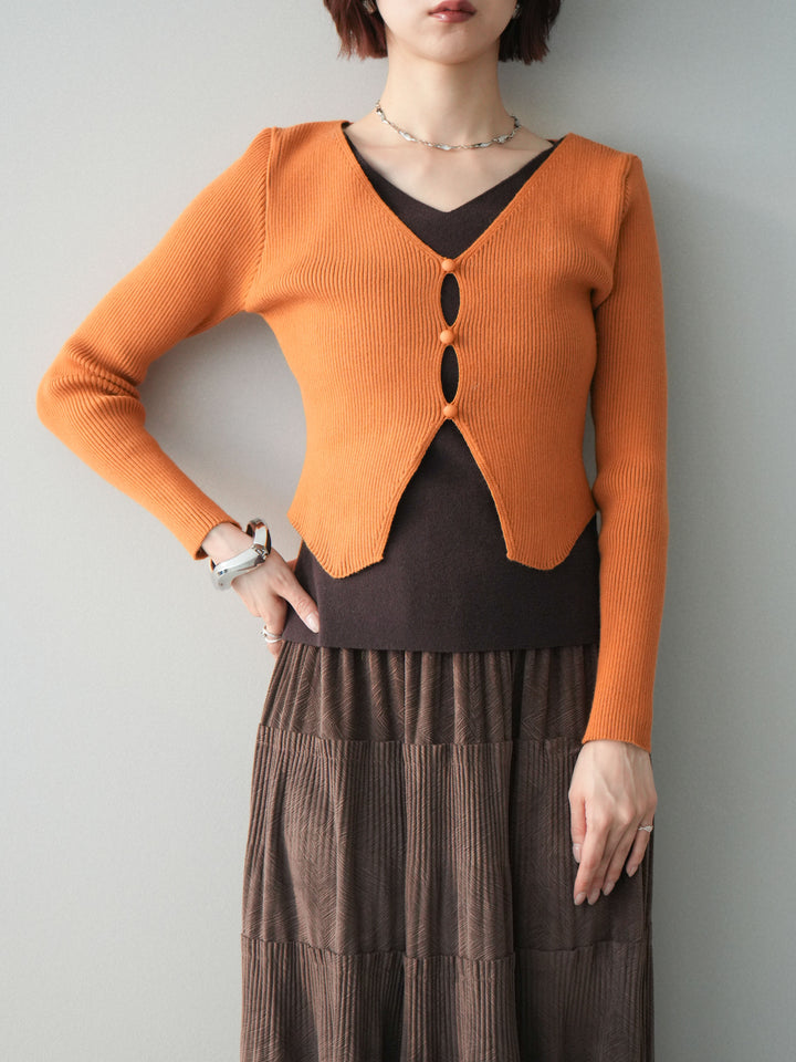 [SET]Vネック配色レイヤードスリットニットトップス+型押しスエードティアードプリーツスカート(2set)