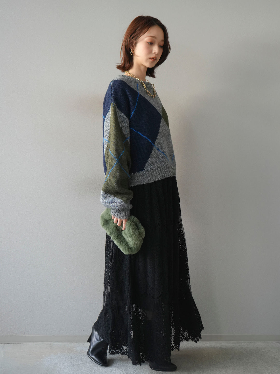 [SET]配色ステッチアーガイル柄ニットプルオーバー+ヴィンテージライクメッシュレーススカート(2set)
