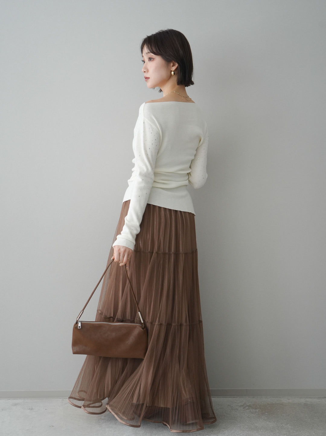 [SET]ラインストーンアシンメトリーニットトップス+ラメプリーツレイヤードチュールロングスカート(2set)