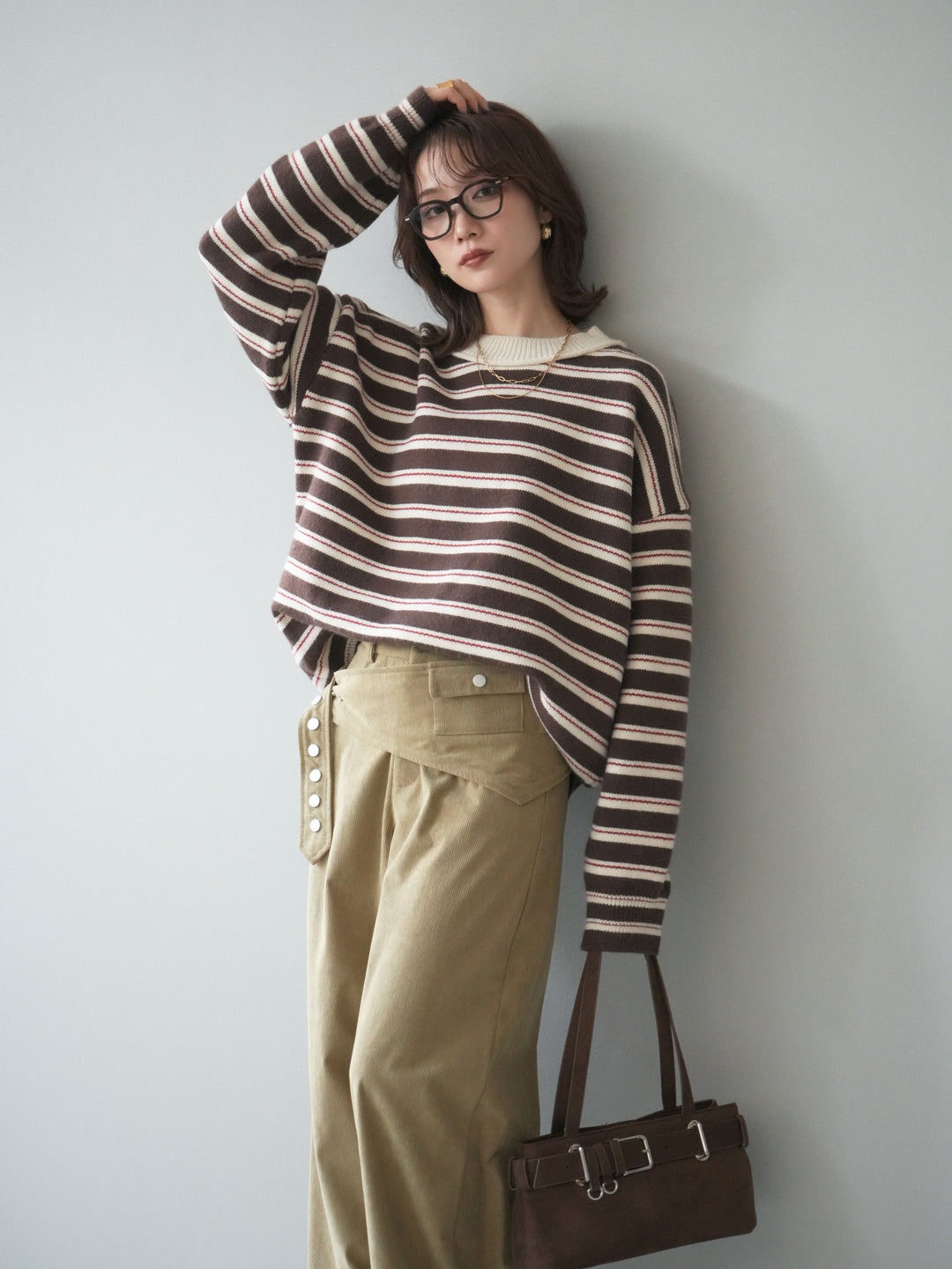 [予約]モックネックボーダーニットプルオーバー/brown