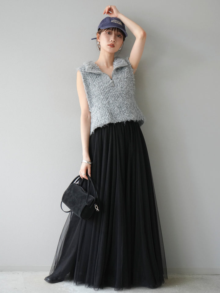 [予約]メランジブークレハーフジップニットベスト/モクグレー