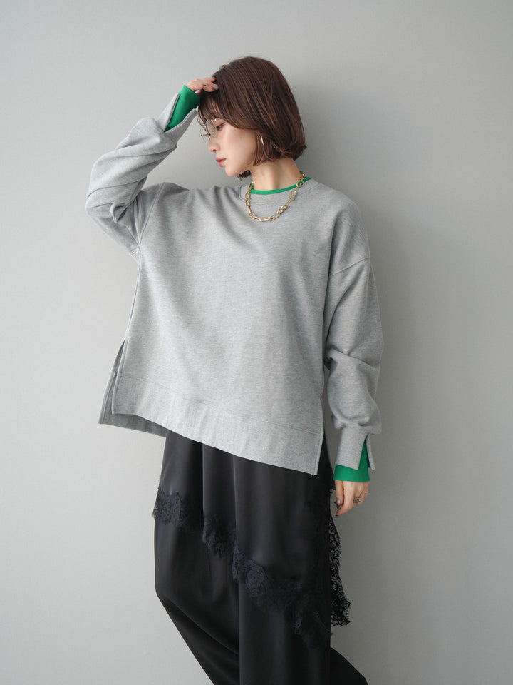 [SET]配色レイヤードデザインスエットプルオーバー+アシンメトリーサテンレースキャミソール(2set)
