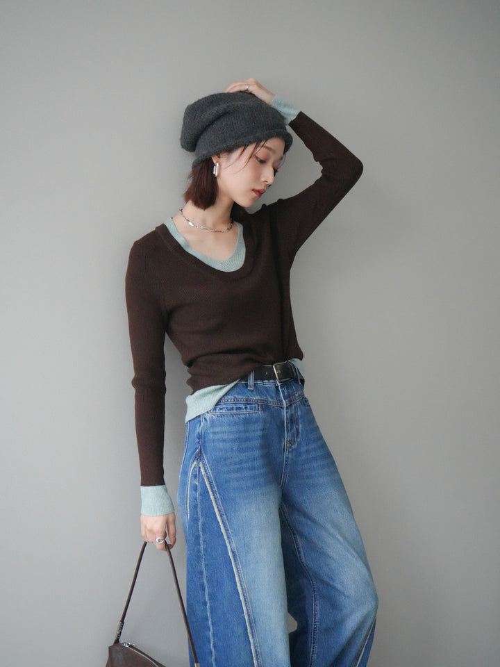 [SET]Uネック配色レイヤードリブニットトップス+サイドフリンジワイドデニムパンツ(2set)