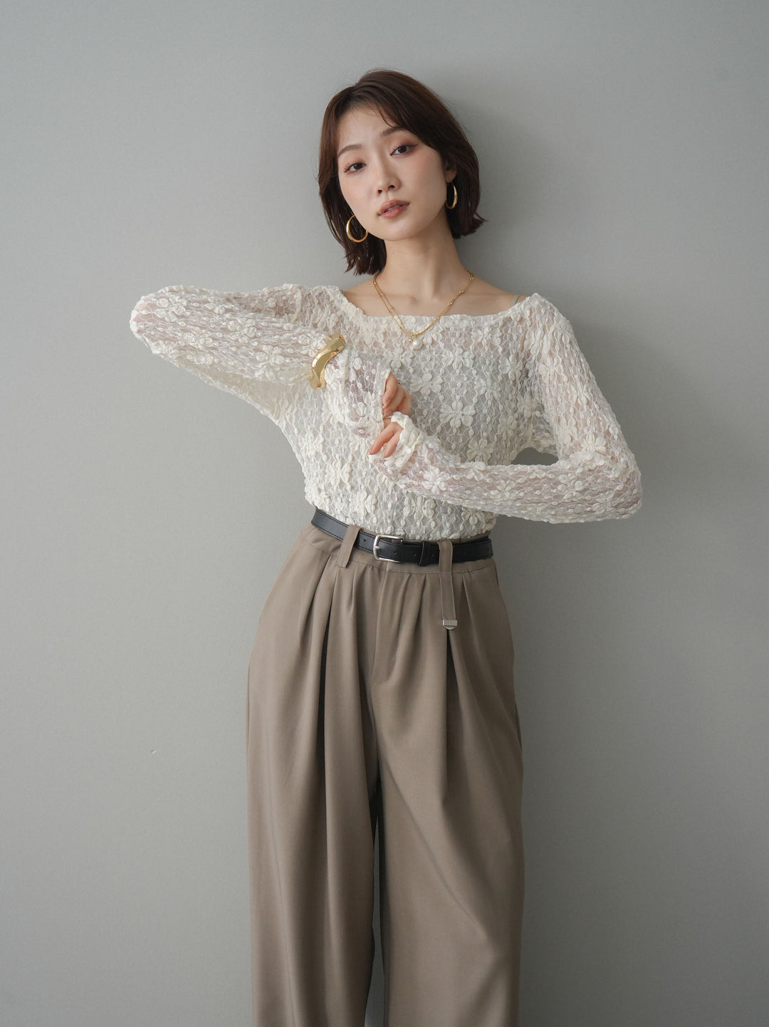 [SET]サイドギャザーレーストップス+ベルト付キーホルダーモチーフワイドパンツ(2set)