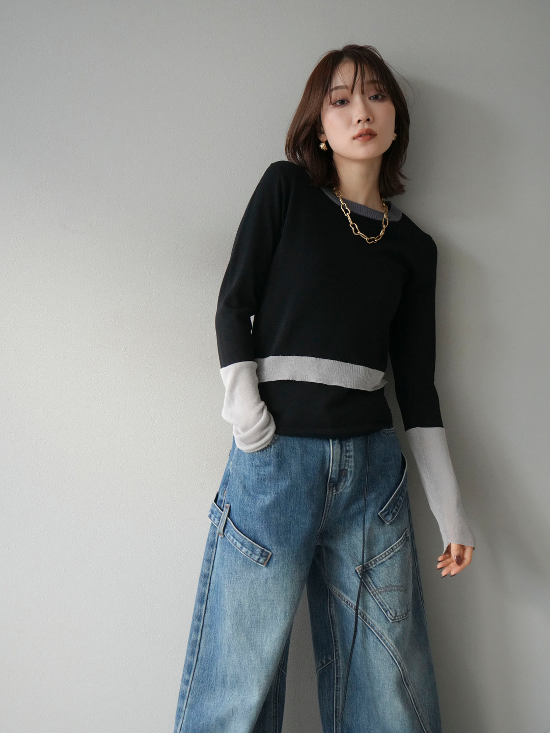 [予約]異素材配色デザインニットトップス/ブラック