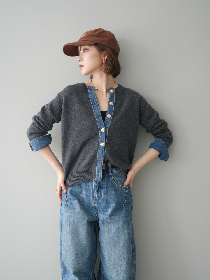 [SET]クルーネックデニムドッキングニットカーディガン+選べるアクセセット(2set)