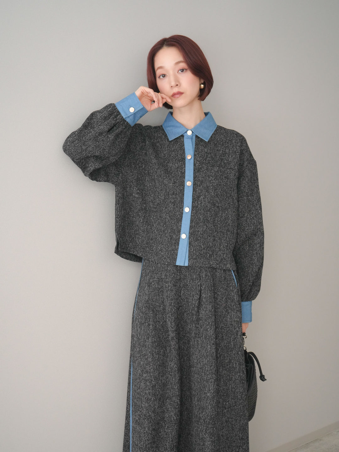 [SET]異素材サマーツイードシャツ+異素材サマーツイードタックフレアスカート(2set)