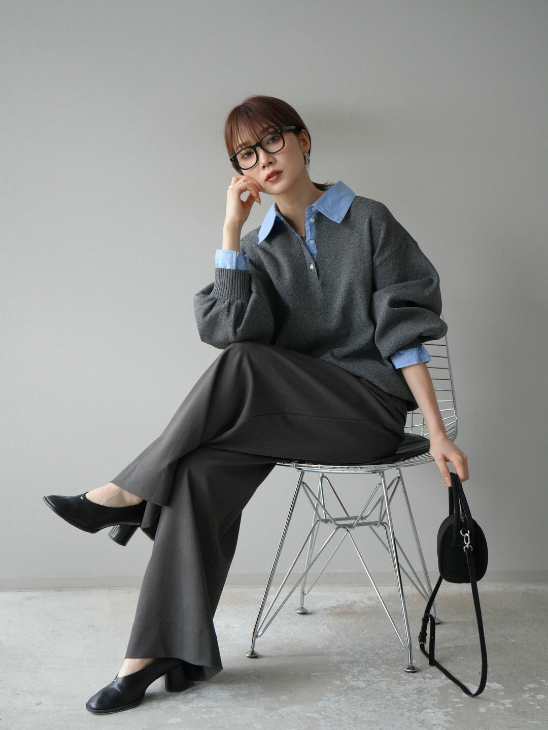 【SET】翻領polo針織套衫+雙褶闊腿褲（2件組）