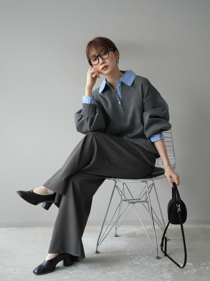 【SET】翻領polo針織套衫+雙褶闊腿褲（2件組）