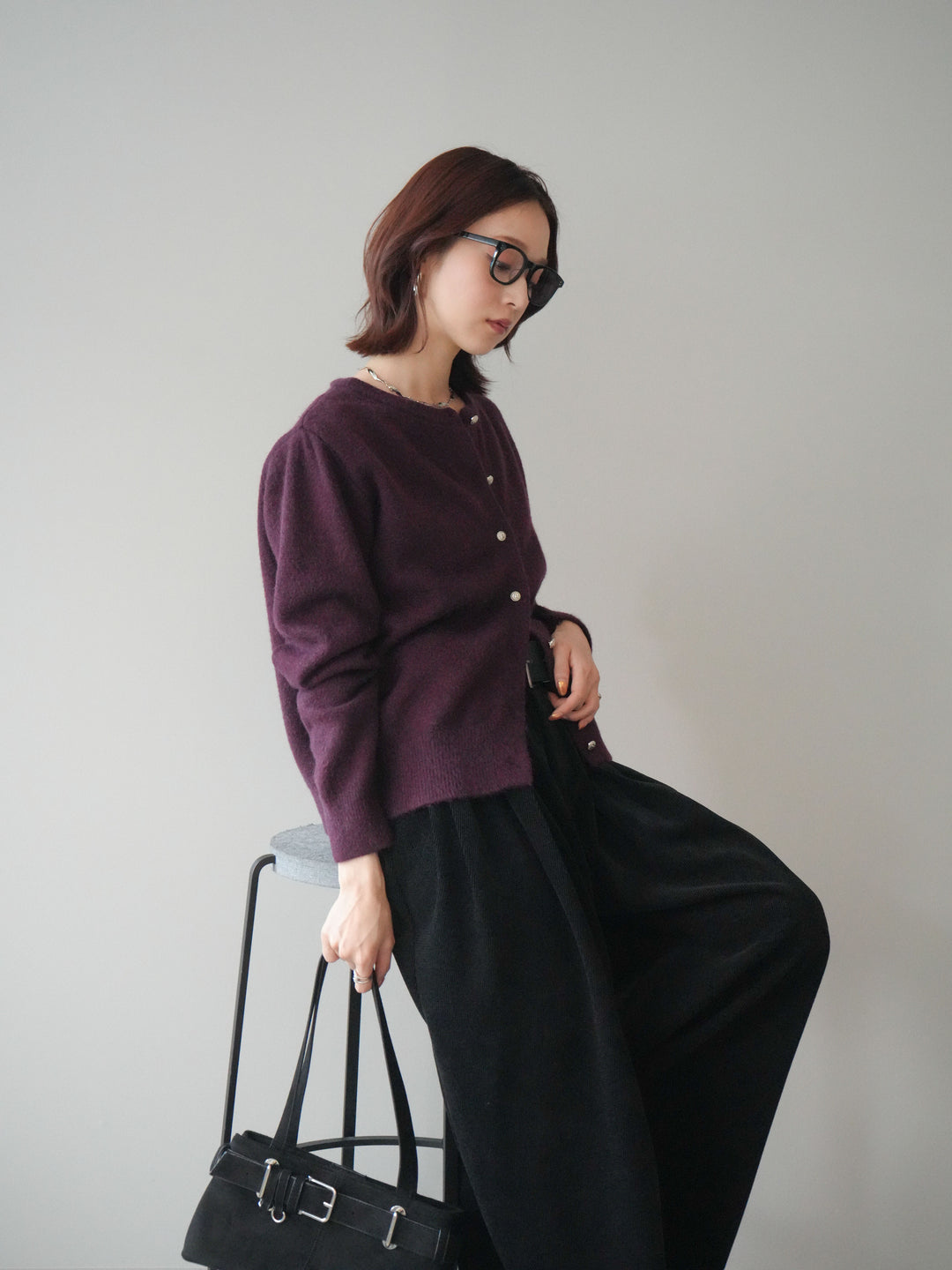 [SET]アンティークボタンニットカーディガン+ベルトデザインループコールテンワイドパンツ(ベルト付き)(2set)