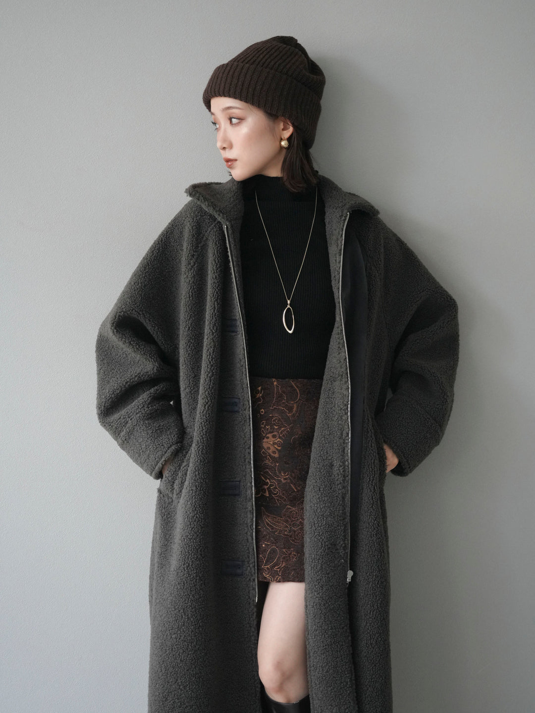[予約]ボアxムートンロングコート/charcoal