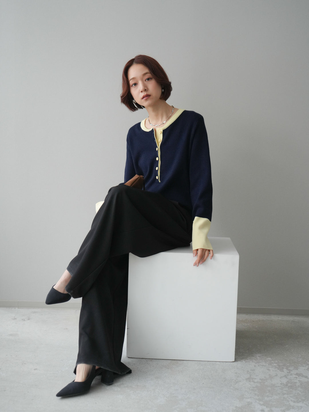 [SET]ヘンリーネック配色ニットソー+ベルトループデザインワイドパンツ(2set)