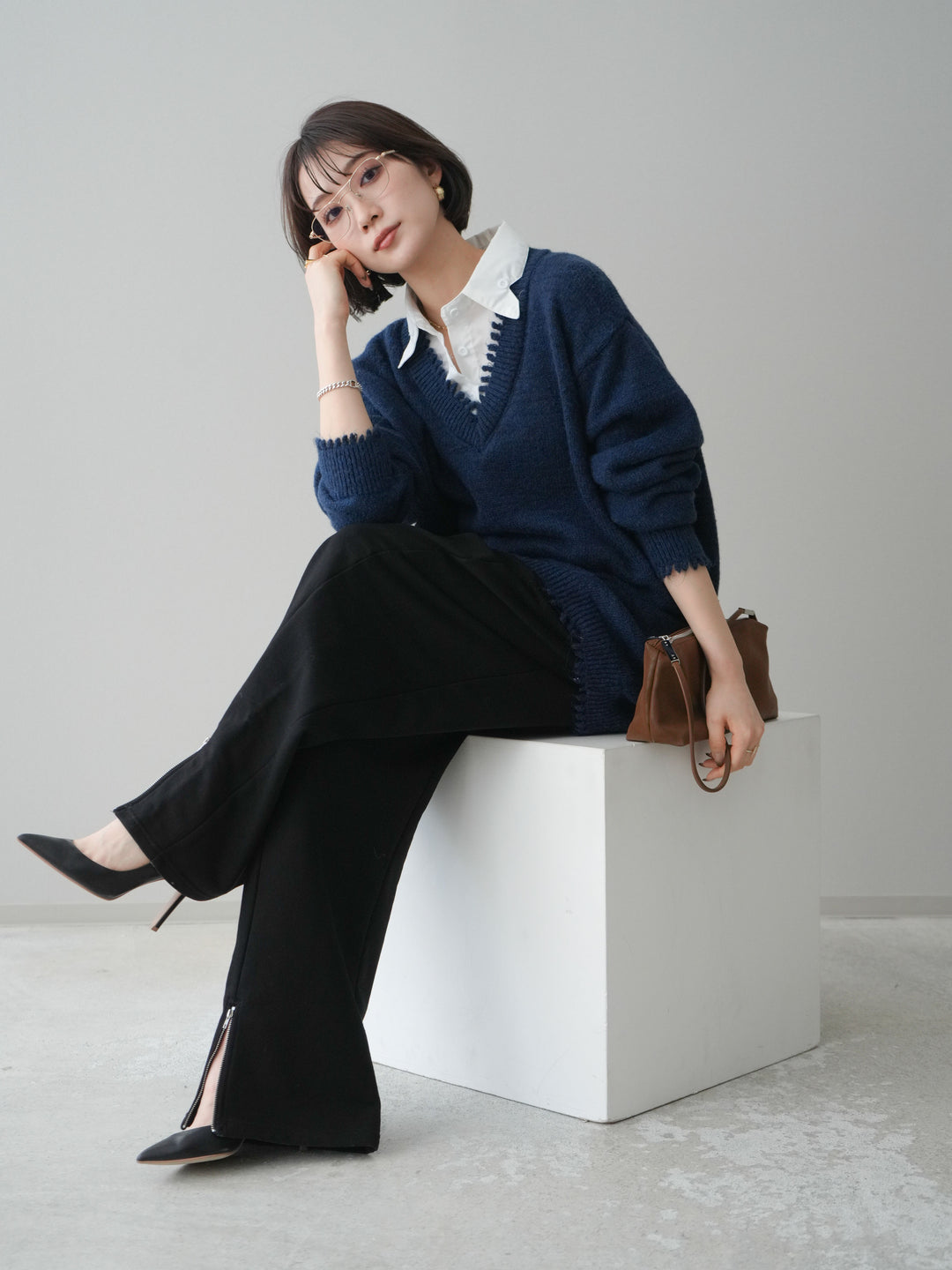 [予約]シャツドッキングVネックフリンジニットプルオーバー/navy