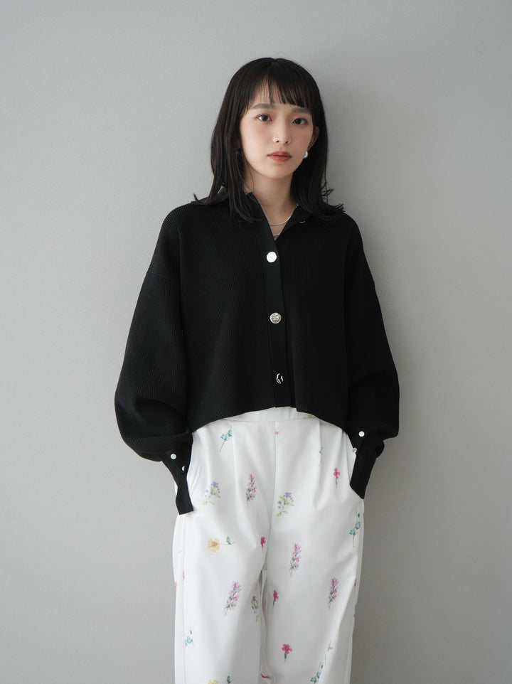 [SET]ボリュームスリーブポロニットカーディガン+フラワーアートプリントタックパンツ(2set)