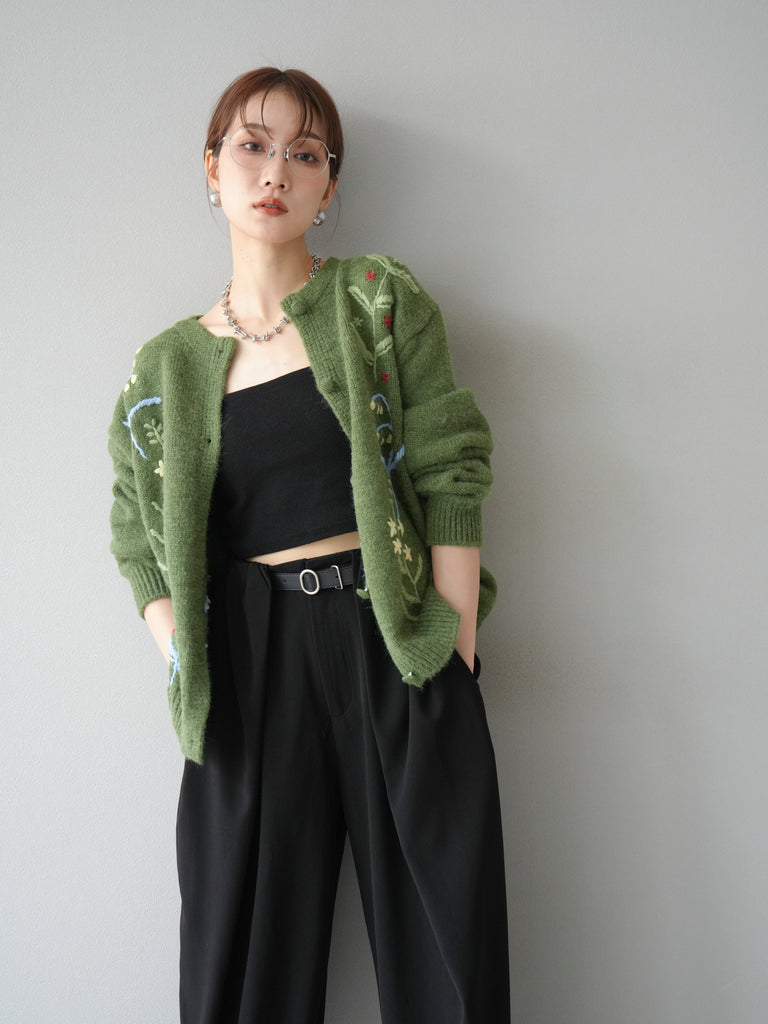予約]フラワー刺繍ニットカーディガン/グリーン – Lumier