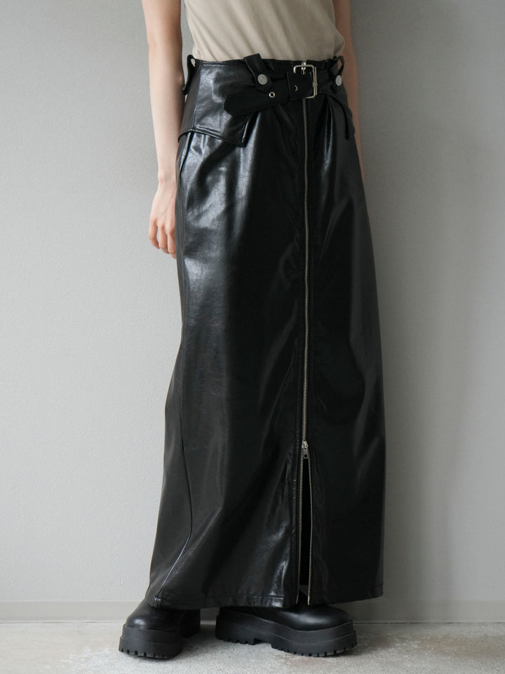 [予約]ベルトデザインレザータッチZIPタイトスカート/ブラック