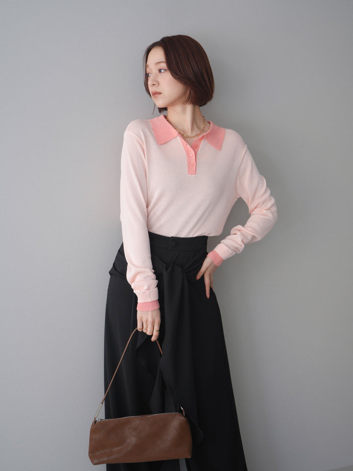 [SET]配色デザインシアーポロニット+ラッフルベルトワイドパンツ(2set)