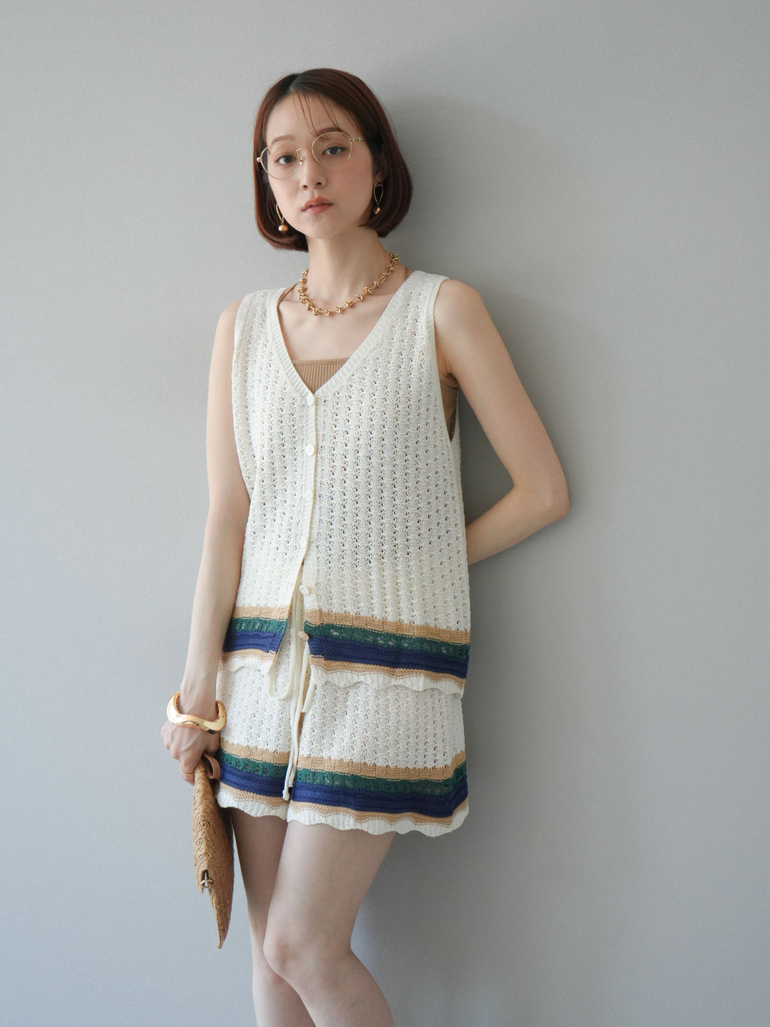 [SET]裾マルチボーダーニットベスト＆ショートパンツ SET UP(2set)