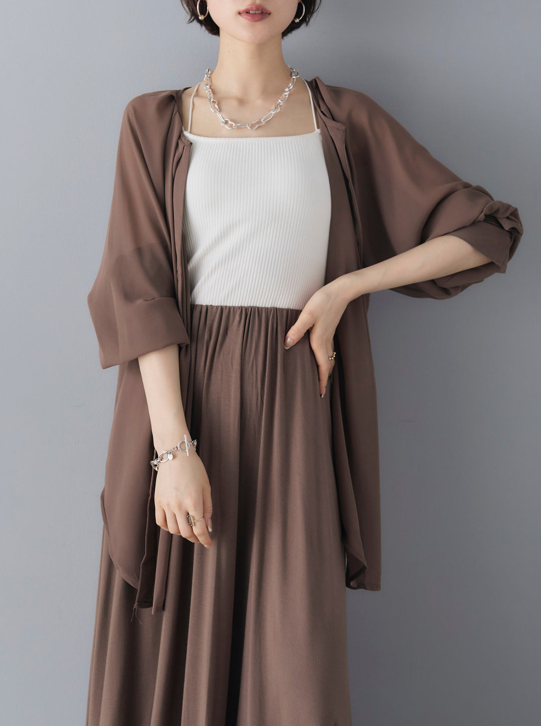 [Pre-order] Sheer No-Collar 2-Way LS Blouse/Beige