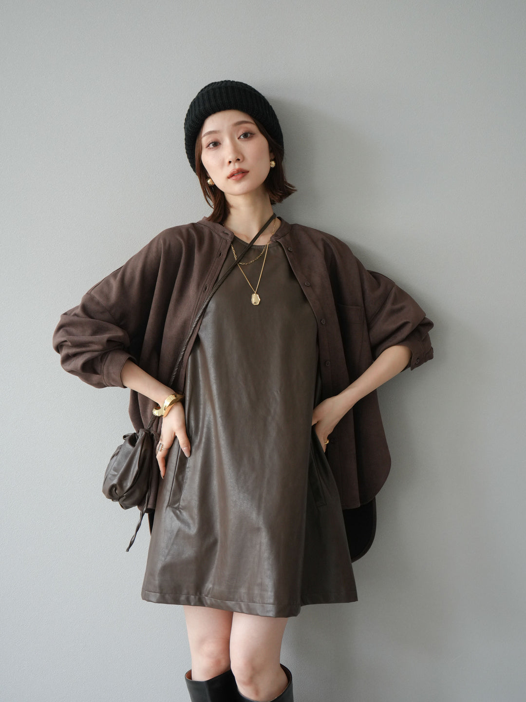 [予約]スエードバンドカラーオーバーシャツ/ダークブラウン