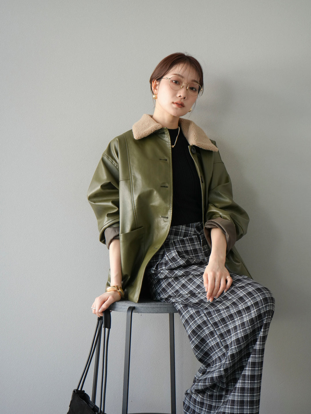 [予約]襟ボアレザーブルゾン/カーキ