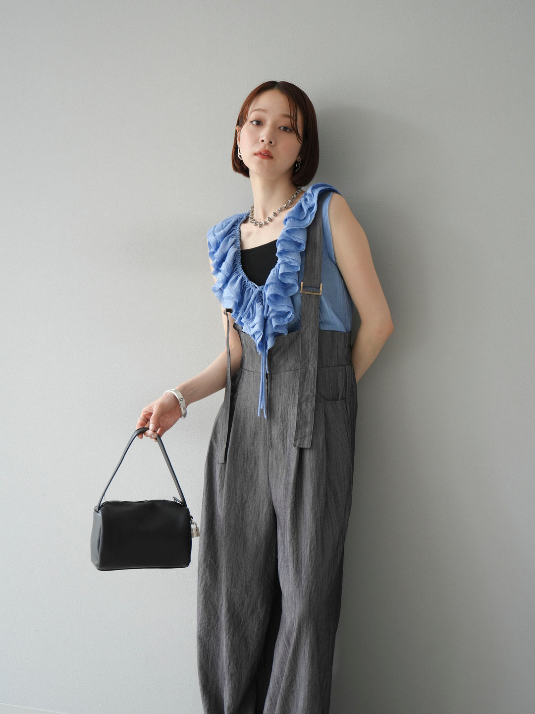 [予約]ワッシャーラッフルノースリーブブラウス/ブルー