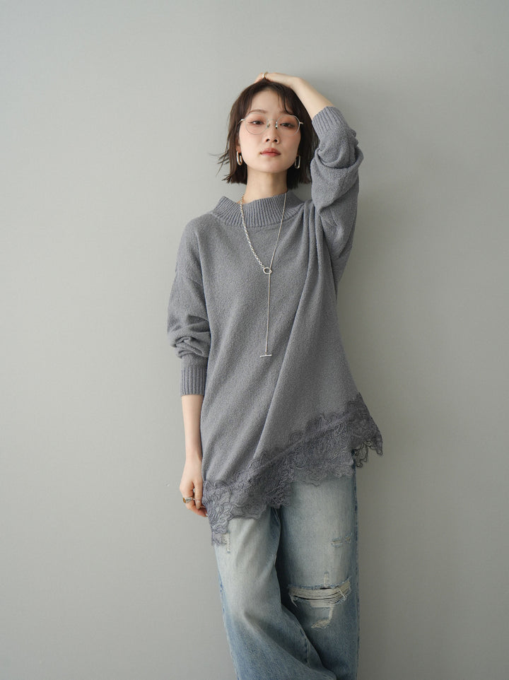 [SET]アシンメトリーレースヘムニットプルオーバー+選べるアクセセット(2set)