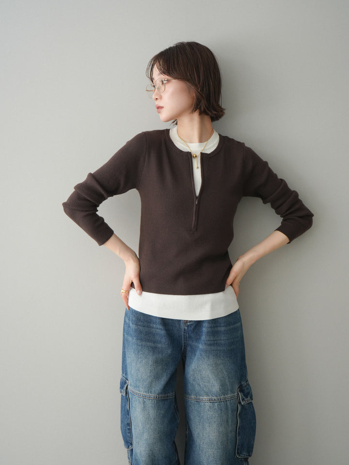 [予約]フロントジップ配色レイヤードニットトップス/choco