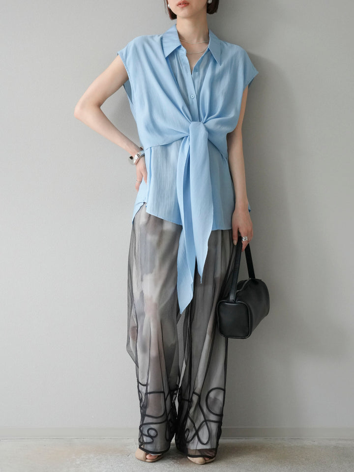 [SET] 前繫帶透視上衣 + 水彩藝術休閒褲 (2 件組)