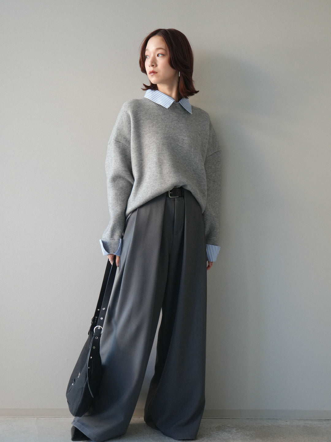 [SET]2WAYストライプ襟ニットプルオーバー+ベルトループデザインワイドパンツ(2set)