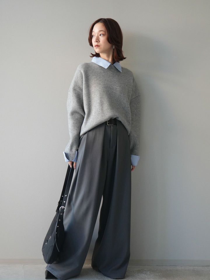 [SET]2WAYストライプ襟ニットプルオーバー+ベルトループデザインワイドパンツ(2set)