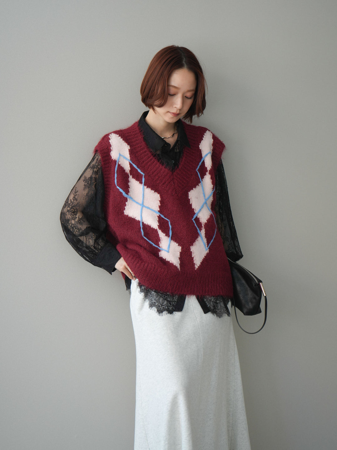 [SET]アーガイルVネックニットベスト+選べるアクセセット(2set)