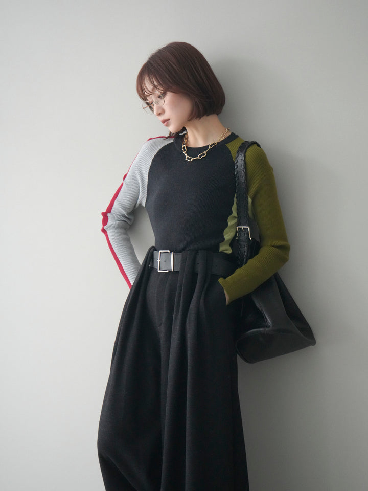 [SET]バイカラーラグランニットトップス+ベルトデザインループウールワイドパンツ(ベルト付)(2set)