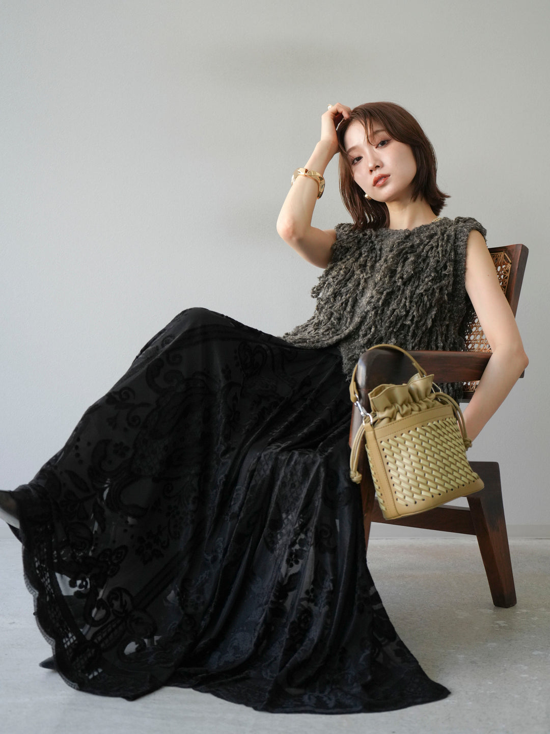 [SET]フリンジループニットベスト+アンティーク柄フロッキーマキシスカート(2set)