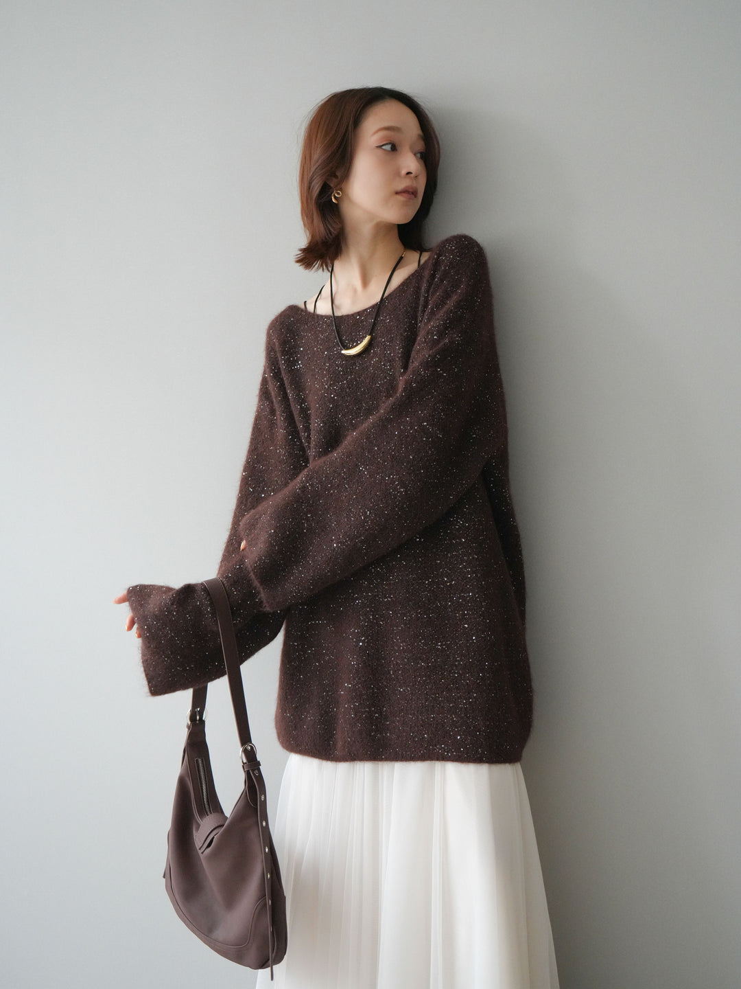 [予約]スパンコールミニシャギーニットチュニック/brown