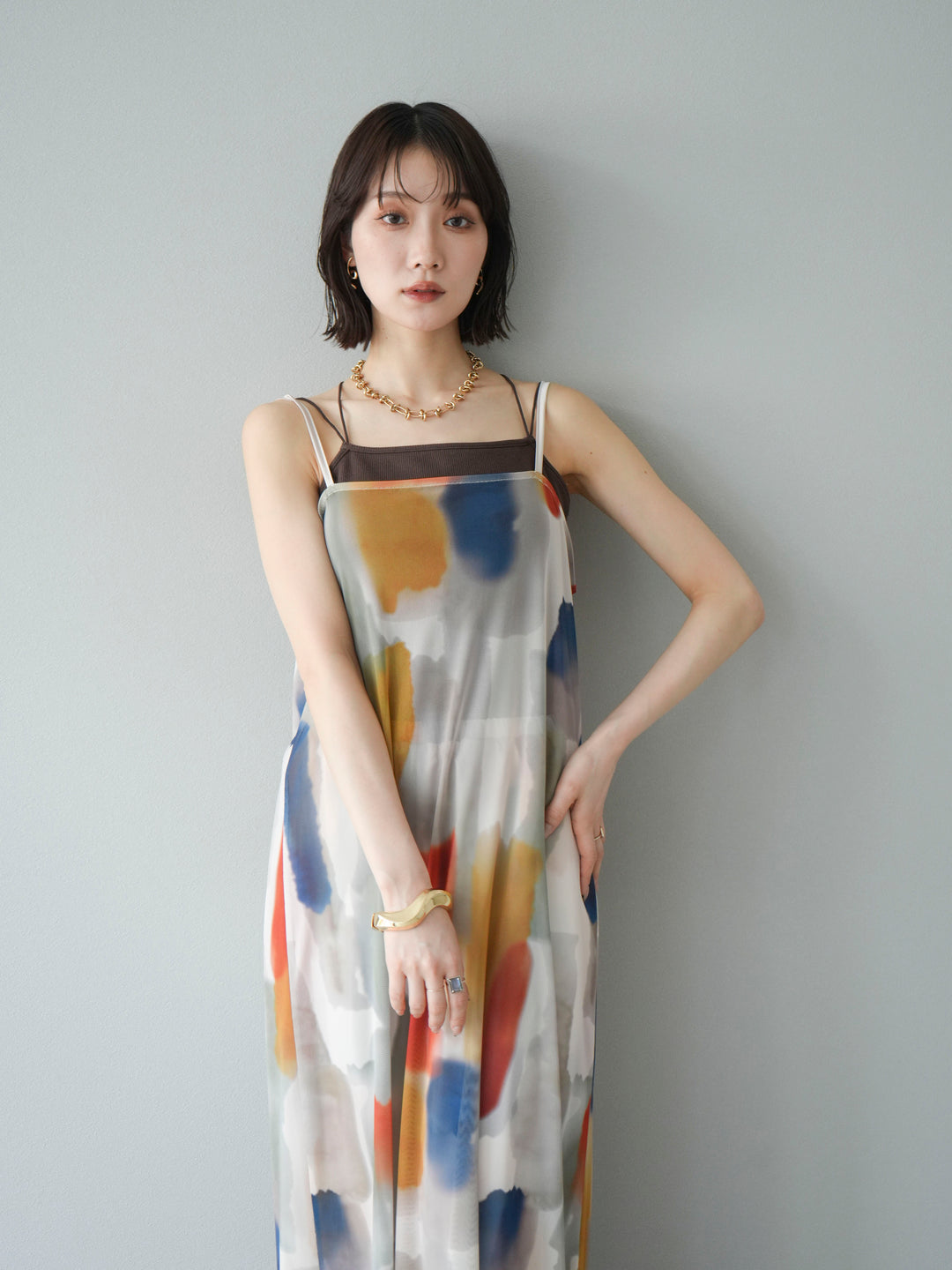 [SET]水彩アートシアーキャミワンピース+カップ付きバッククロスキャミソール(2set)